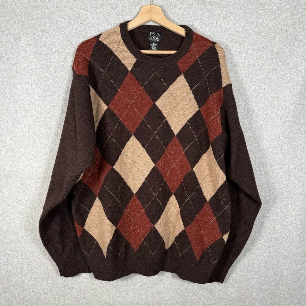 Jos A Bank Sweater Mens XL Vintage Argyle Lambswool Pullover